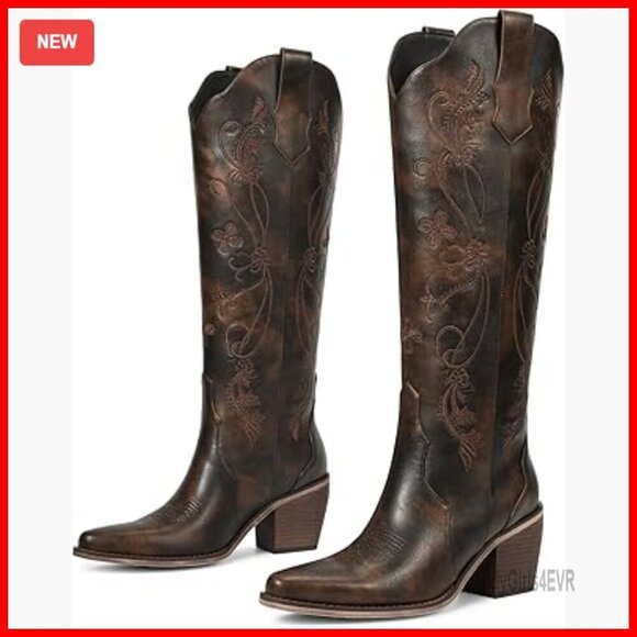 Shoes - Knee High Western Boots Floral Embroidery Pointed Toe Block Heel Pull On